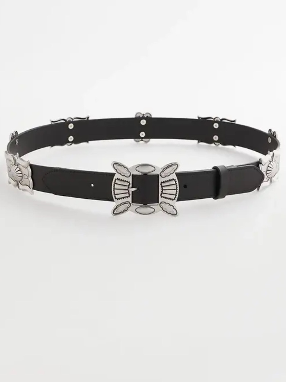 NWT Chico’s Black Leather Trouser Belt with Brushed Silver Tone Accents Sz L